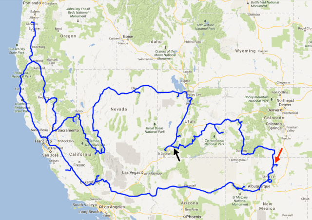 Red arrow shows the location of the Red River, NM, species, and the black arrow shows the location of the Coal Creek, UT, species.